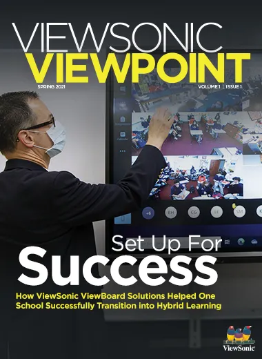 ViewPoint magazine cover of instructor using a ViewBoard to assist in hybrid learning