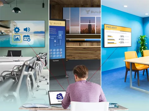a laptop wirelessly connects to three displays in three different locations