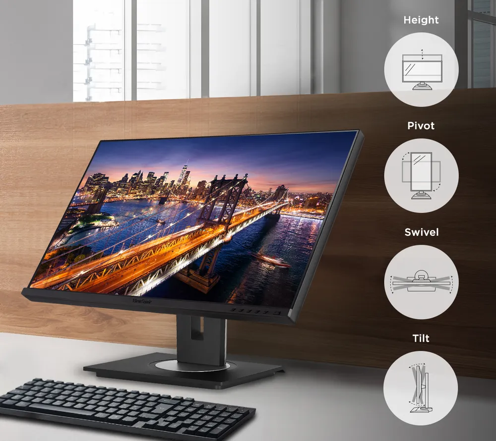 ergonomics include height, pivot, tilt, and swivel adjustments.