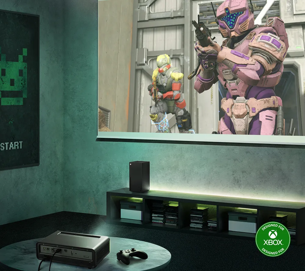 X2-4K projector used with Xbox to play first person shooter game