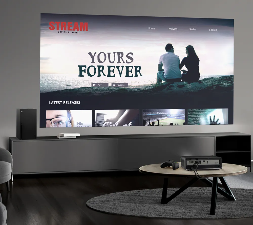 X2-4K projector used to watch a rom-com on a large screen