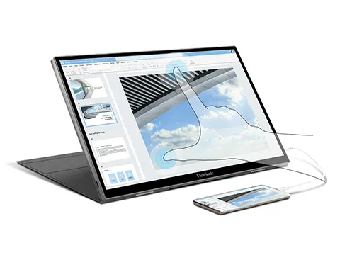 Outline of a finger touching a portable monitor screen